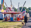 150623-9497 Man walking dog through fun fair, Cambridge